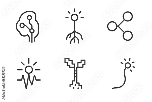 Cyber Organism Icons. Line style icons of Cyber Organism: neural circuit, glowing root, curved node, radiant pulse, pixel stem,