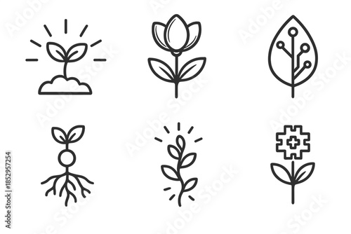 Futuristic Garden Icons. Line style icons of Synthetic Garden: glowing sprout, chrome flower, circuit leaf, radiant root, luminous