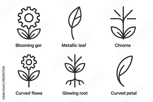 Mechanical Garden Icons. Line style icons of Mechanical Garden: blooming gear, metallic leaf, radiant stem, chrome flower, glowing