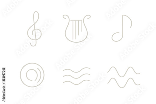 Dark Melody Icons. Line style icons of Dark Melody: luminous treble curve, glowing harp string, fading note, curved echo ring,