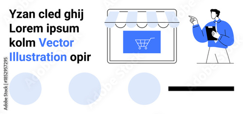 E-commerce, online business, digital storefronts, retail management, web shop creation, customer interaction. Digital storefront with a shopping cart and a professional. E-commerce and online