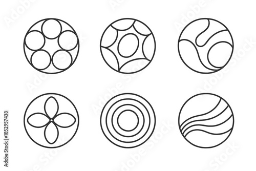 Sacred Plastics Icons. Line style vector icons of Sacred Plastics: molded circles, glowing fragments, smooth curves, synthetic