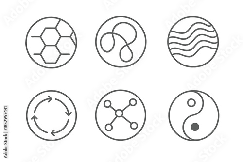 Fluid Structure Icons. Line style vector icons of Fluid Structure: curved hexagons, organic loops, rhythmic lines, circular flow,