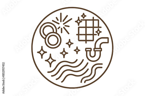 Industrial Glow Icons. Line style vector icons of Industrial Glow: rust rings, radiant sparks, glowing grids, curved pipes,