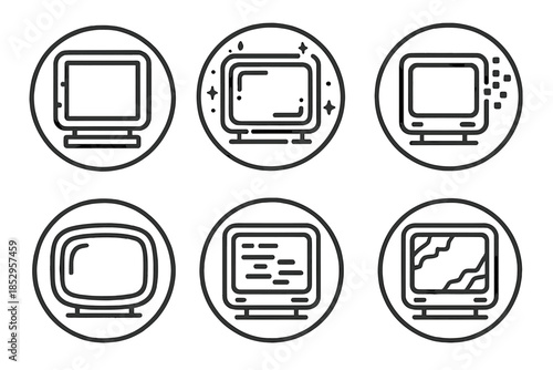 Glowing Primitive Screen Icons. Line style vector icons of Primitive Screen: blocky lines, glowing frame, pixel dust, curved glow,