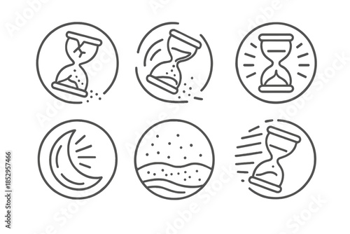 Chrono Relics Icons. Line style vector icons of Chrono Relics: broken hourglasses, curved fragments, glowing lines, layered dust,