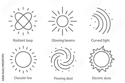 Sacred Neon Icons. Line style vector icons of Sacred Neon: radiant loops, glowing beams, curved light, circular glow, flowing dust