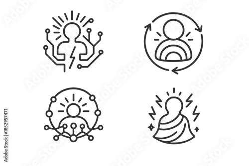 Electric Deities Icons. Line style vector icons of Electric Deities: radiant circuits, circular flow, divine nodes, glowing lines,