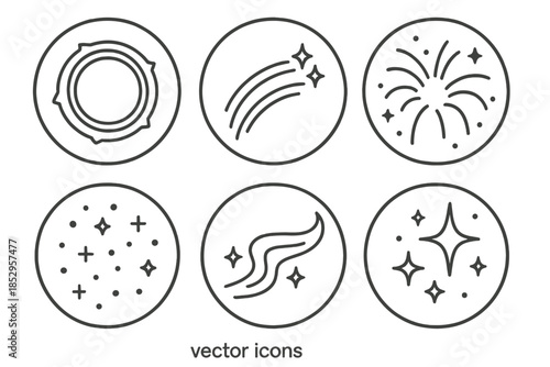 Glacial Spark Icons. Line style vector icons of Glacial Sparks: icy rings, glowing trails, curved explosions, cold dust, light
