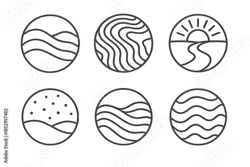 Inner Landscape Icons. Line style vector icons of Inner Landscape: layered forms, curved topography, radiant paths, glowing
