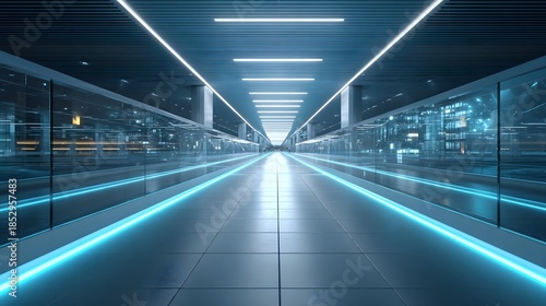 Wallpaper Mural Sleek and modern interior hallway with reflective floor glowing blue neon accents and overhead fluorescent lighting creating a sense of advanced technology and futuristic design Torontodigital.ca