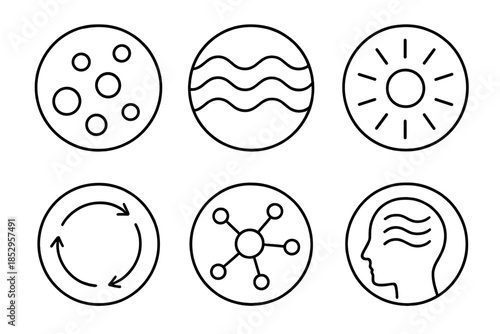 Gravity of Thought. Line style vector icons of Gravity of Thought: floating orbs, curved waves, radiant lines, circular motion,