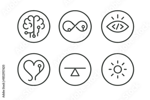 Lucid Circuit Icons. Line style round vector icons of Lucid Circuits: aware machine, conscious loop, blinking code eye, gentle