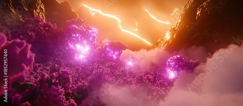 Vibrant Alien Landscape: Glowing Magenta Flora, Golden Mountains, Electric Orange Sky, Lightning