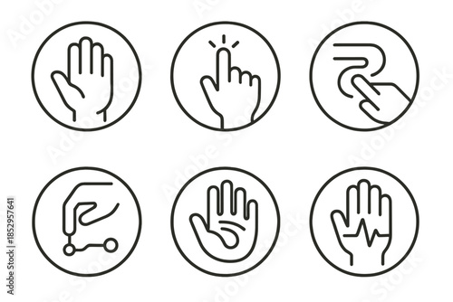 Tactile Logic Icons. Line style round vector icons of Tactile Logic: hand symbol, touch node, finger flow, physical circuit, palm
