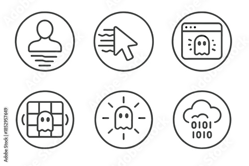 Digital Ghost Icons. Line style round vector icons of Digital Ghosts: vanishing avatar, translucent cursor, flickering window,
