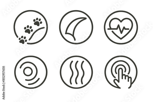 Instinctive Design Icons. Line style round vector icons of Instinctive Design: animal path, curved claw, heartbeat shape, motion