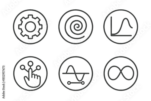 Analog Algorithm Icons. Line style round vector icons of Analog Algorithms: ceramic gear, spiral code, solid function, hand-shaped