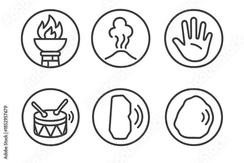 Early Communication Icons. Line style round vector icons of Early Communication: fire beacon, smoke line, hand mark, drum pulse,