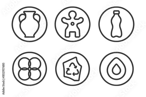 Plastic Heritage Icons. Line style round vector icons of Plastic Heritage: molded vase, synthetic relic, curved bottle,