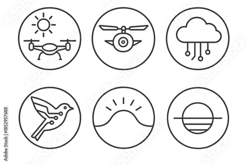 Robotic Skies Icons. Line style round vector icons of Robotic Skies: drone sun, flying mechanism, metallic cloud, digital bird,