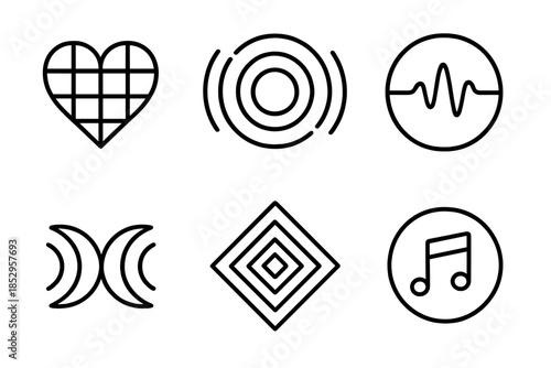 Emotional Geometry Icons. Line style round vector icons of Emotional Geometry: heart grid, vibrating ring, balanced pulse, curved