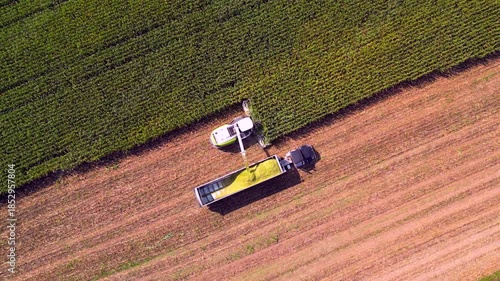 Tractors and farm machines harvesting corn in Autumn, breathtaking aerial view.
