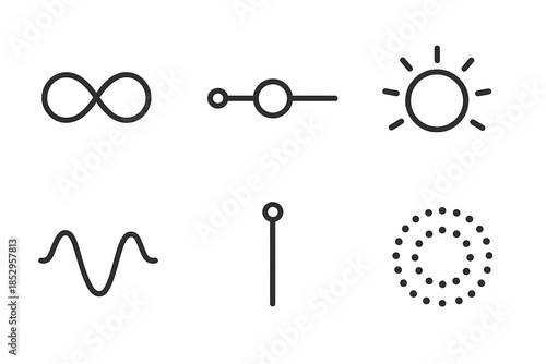 Static Peace Icons. Line style round vector icons of Static Peace: balanced loop, frozen current, glowing ring, smooth pulse,