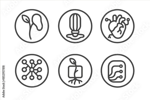 Post-Organic Design Elements. Line style round vector icons of Post-Organic Design: hybrid stem, luminous metal, bio engine,