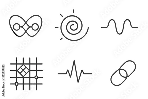 Quantum Prayer Icons. Line style round vector icons of Quantum Prayers: entangled nodes, glowing spiral, sacred frequency,