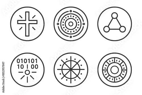 Digital Divinity Icons. Line style round vector icons of Digital Divinity: luminous cross, data mandala, sacred node, coded light,