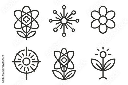 Atomic Garden Icons. Line style round vector icons of Atomic Garden: orbit flower, glowing node, circular petal, radiant core,
