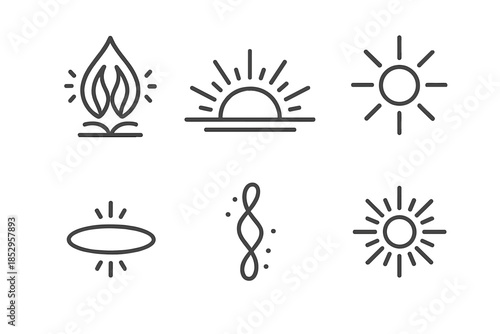 Symmetric Illumination Icons. Line style round vector icons of Symmetric Illumination: mirrored flame, curved glow, radiant