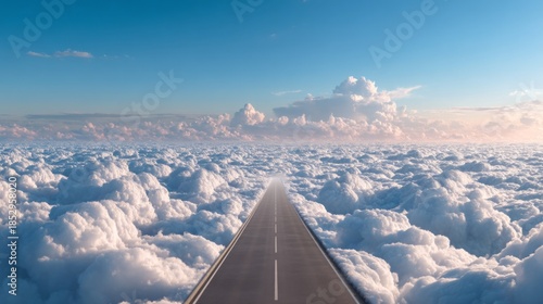 A breathtaking scene features a smooth, endless road that stretches into the distance, vanishing among soft, white clouds. The sky is painted in bright blue hues, creating a dreamlike landscape