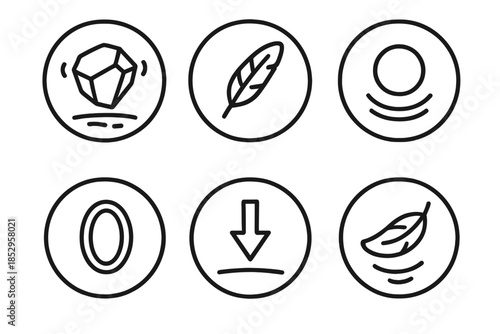 Forgotten Gravity Icons. Line style round vector icons of Forgotten Gravity: floating stone, drifting feather, weightless orb,