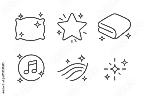 Luminous Rest Icons. Line style round vector icons of Luminous Rest: glowing pillow, shining star, calm blanket, soothing tone,