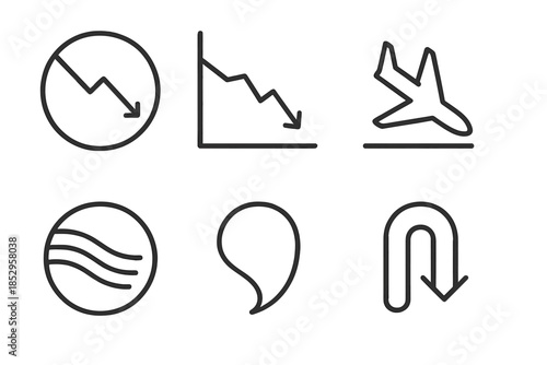 Abstract Descent Icons. Line style round vector icons of Abstract Descent: geometric fall, broken axis, falling plane, layered