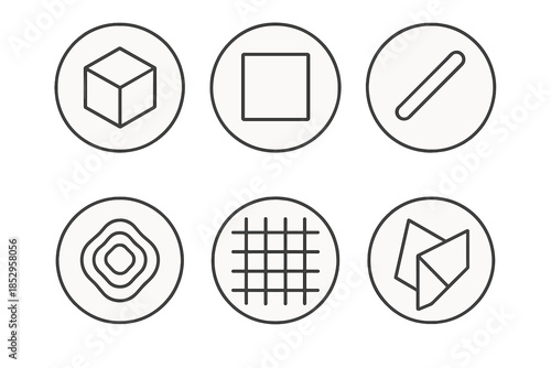 Dream Geometry Icons. Line style round vector icons of Dream Geometry: floating cube, hollow frame, luminous line, layered shadow,