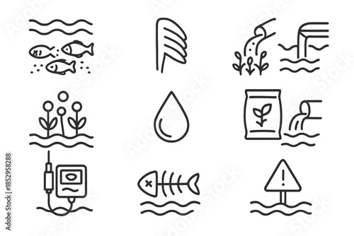 Marine Ecosystem Stress Symbols. Line style icons of Marine Ecosystem Stress: Dead Zone, Fish Gill, Low Oxygen, Nutrient Runoff;