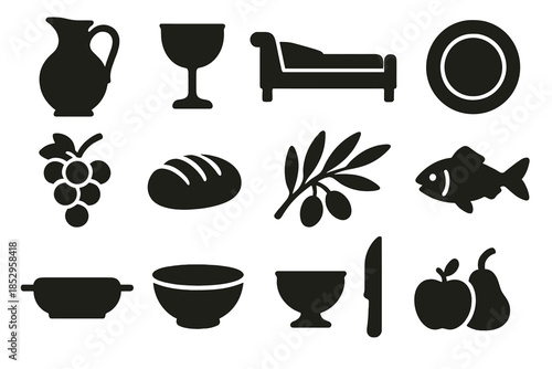 Roman Feast Icons. Solid style icons of Roman Feasts: Wine Jug, Cup, Reclining Couch, Plate, Grapes, Bread, Olive Branch, Fish,