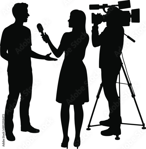Journalist interviewing man with microphone while cameraman films news report silhouette vector illustration for media broadcasting journalism concept background design