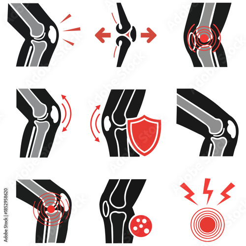 Knee Joint Icons: A graphic collection displaying diverse illustrations of knee joint conditions, portraying anatomical structures and associated medical symptoms.
