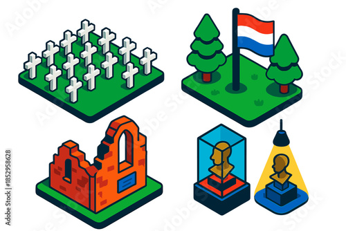 Memory Sites Icons. Isometric vector illustration set Sites of Memory: Field of white crosses, forest clearing with flag, ruined