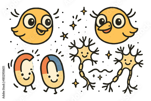 Joyful Neurons Dance. Playful doodle sensory organ close-up with happy animal eyes and beaks, cartoon magnetic particles dancing,