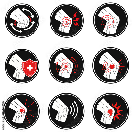 Knee Pain and Therapy: A collection of concise, modern icons depicting various aspects of knee pain, encompassing pain points, therapy, and treatment methods.