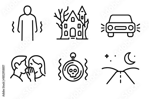 Urban Legends Icons. Line style icons of Urban Legends: shadowy figure, haunted house, mysterious car, whispered rumor, cursed