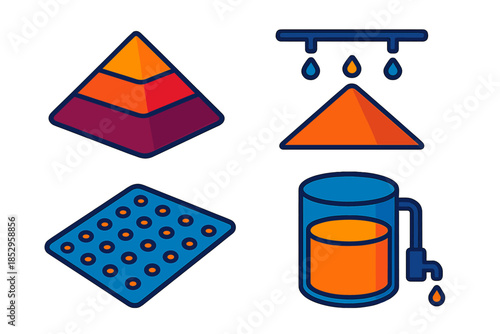 Bioleaching System Illustration. Isometric vector illustration set Heap Bioleaching System: Layered ore heap, drip irrigation