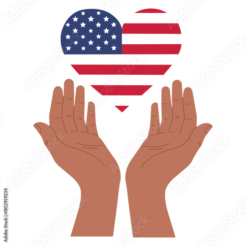 United States of Heart: Two hands cradle a heart-shaped emblem, beautifully crafted with the patriotic design, embodying devotion and love for one's country.