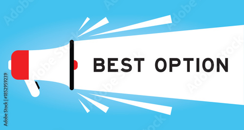 Color megaphone icon with word best option in white banner on blue background