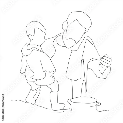 man cooking while carrying child. line art.Busy father. Multitasking super dad cooking, lonely daddy with baby,